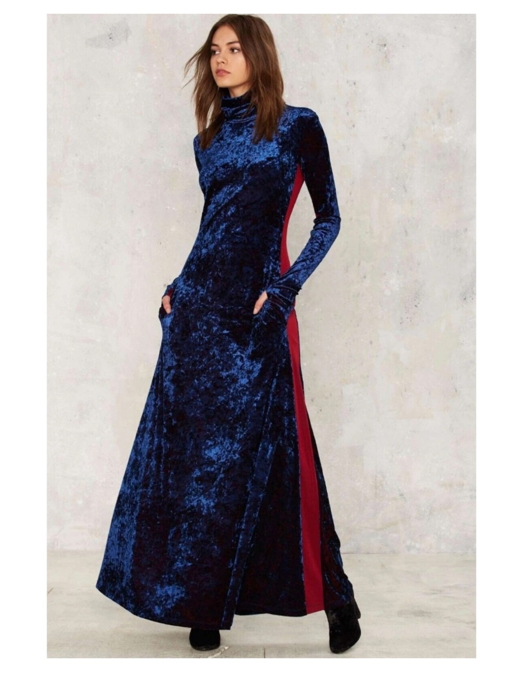 We are HAH (Hot as Hell)Velvet Turtleneck Maxi Dress in Burgundy-Trimmed Navy